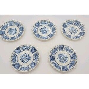 Myott Melody Set of 5 Ironstone Blue Floral Teacup Saucer Plates England 1982